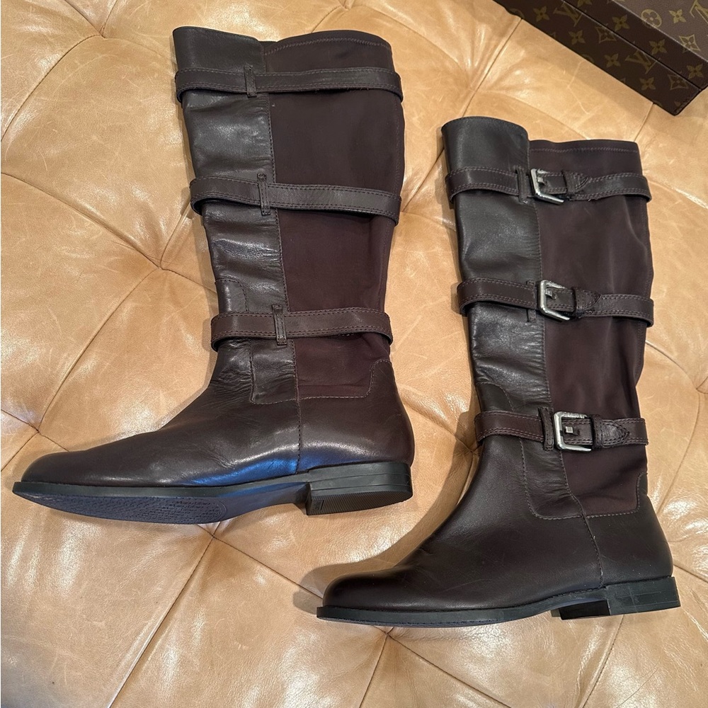 Calvin Klein Hillary Brown Leather Stretch Buckled Tall Riding Boots 8.5